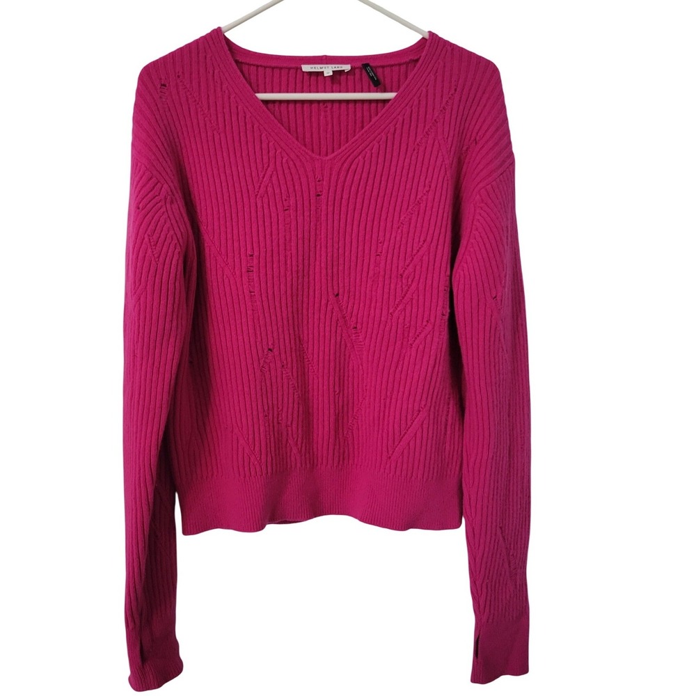 Helmut‎ Lang V-Neck Sweater Womens Medium Pink Lambswool Distressed